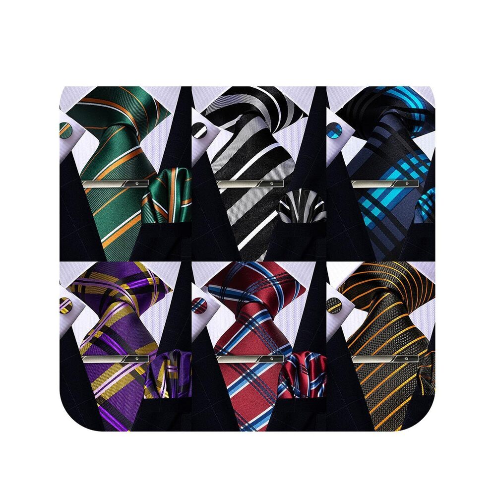 4070 Silk Blue Red Purple Grey Tie Set, 6PCS Tie and Pocket Square